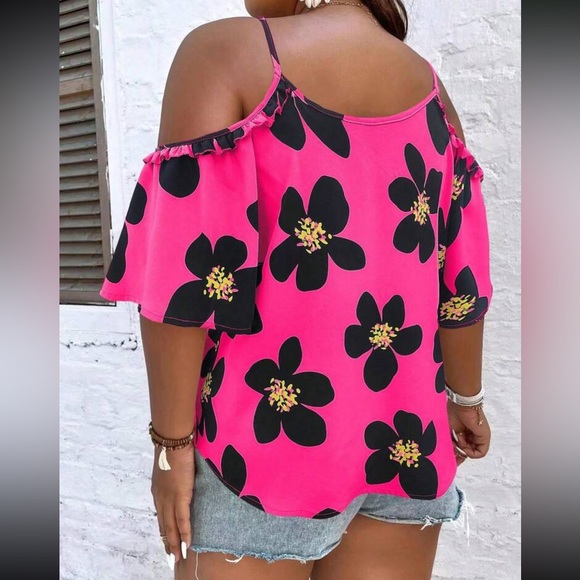 Plus boho hot pink floral print cold shoulder blouse - Picture 6 of 15